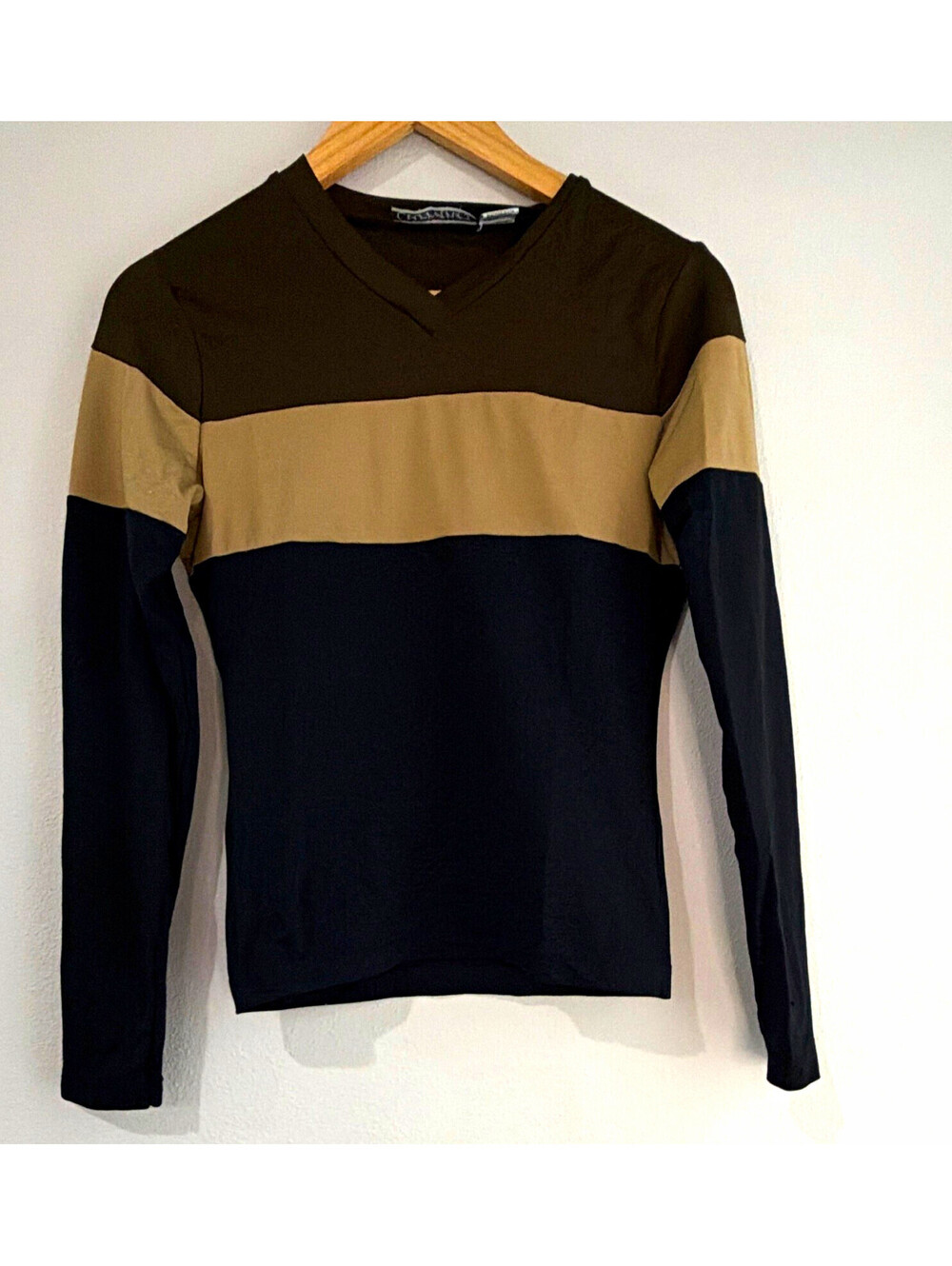Currants vintage Long Sleeve Colorblock Knit Stretch Top M Black Beige Brown